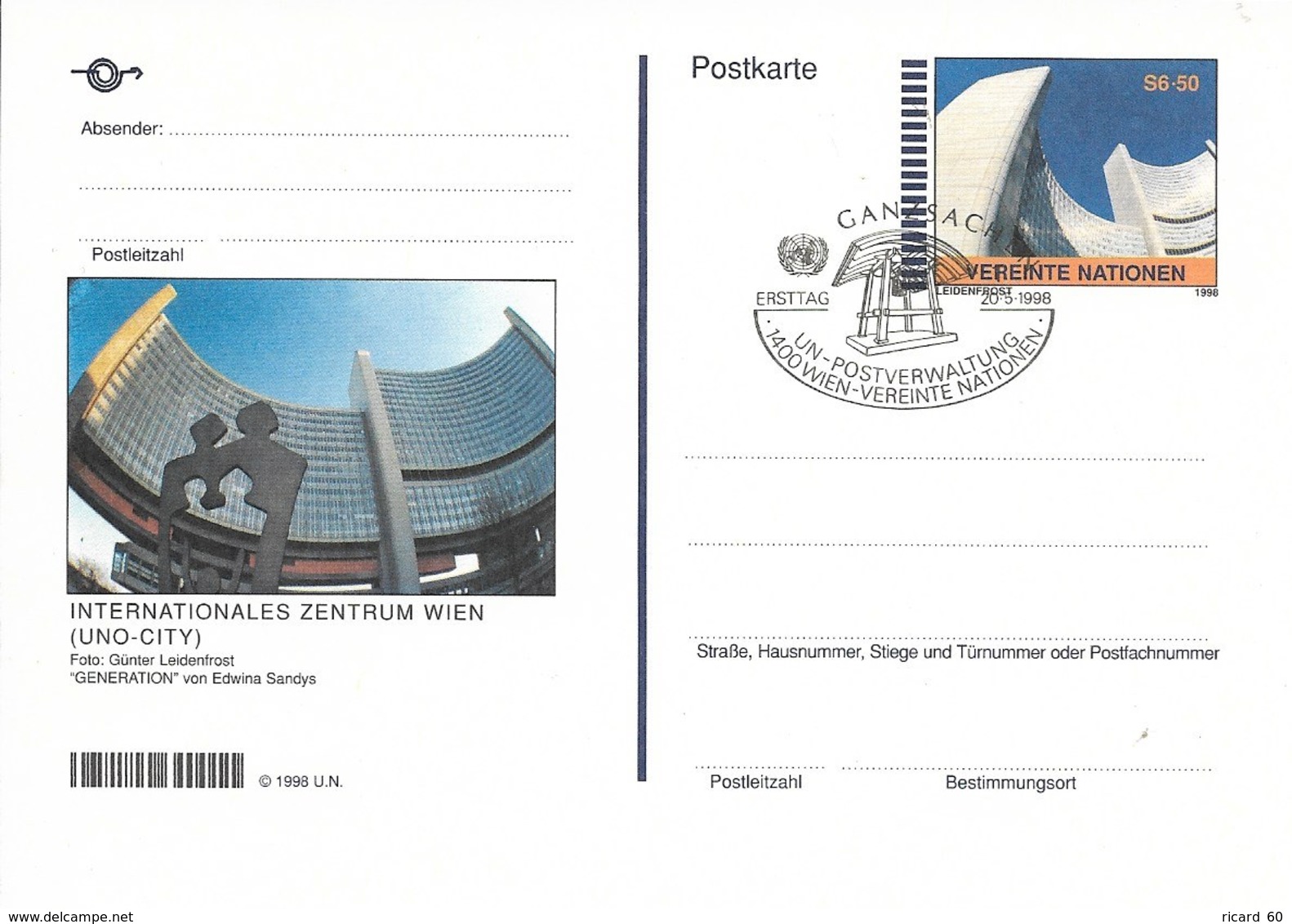 Onu, United Nations, Nations Unies, Bureau De Vienne, Entier Postal 1998, Fdc, Centre International De Vienne - Lettres & Documents