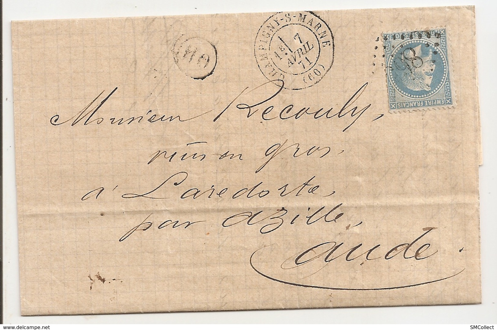 Lettre 1871, Expédition Champigny Sur Marne à Laredorte (Aude) Cachet 865 - 1849-1876: Période Classique