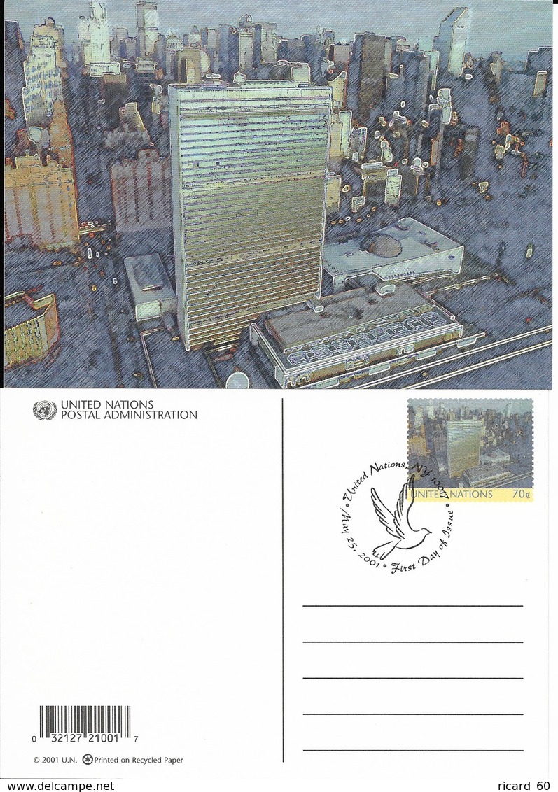 Onu, United Nations, Nations Unies, Bureau De New York, Entier Postal 2001, Fdc, Siège  De L'onu, Manhattan - Lettres & Documents