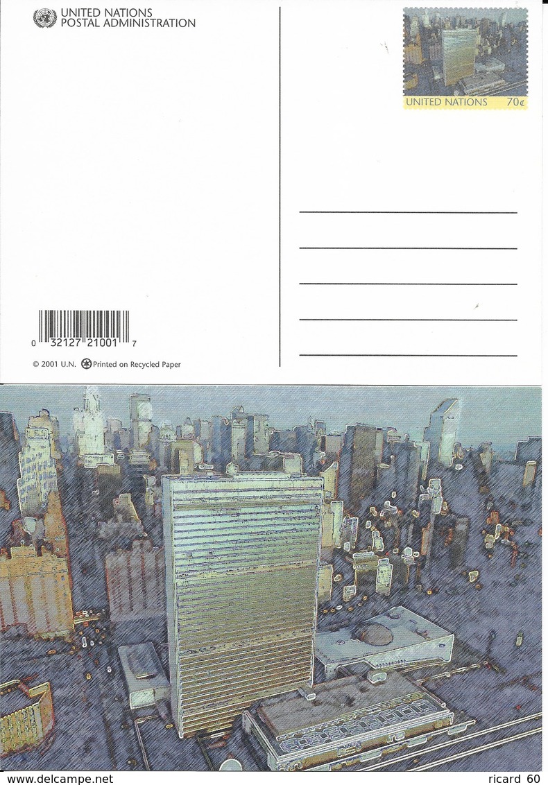 Onu, United Nations, Nations Unies, Bureau De New York, Entier Postal 2001, Carte Neuve, Siège  De L'onu, Manhattan - Lettres & Documents