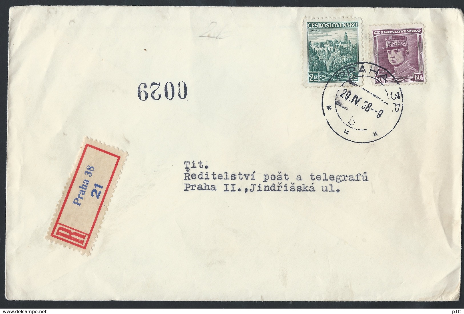 5ch.Registered Local Letter. Post 1938. Prague. Label. Czechoslovakia. - Cartas & Documentos