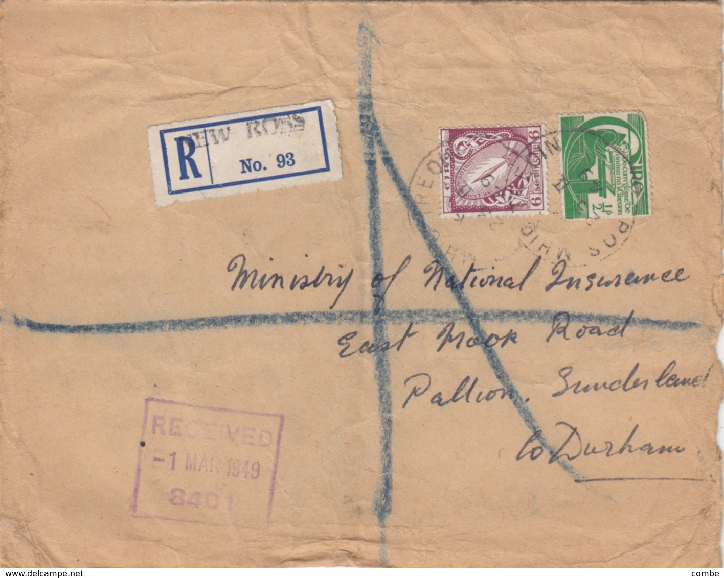 COVER. EIRE. 23 FEBR 1949. REGISTERED NEW ROSS TO DURHAN - Lettres & Documents