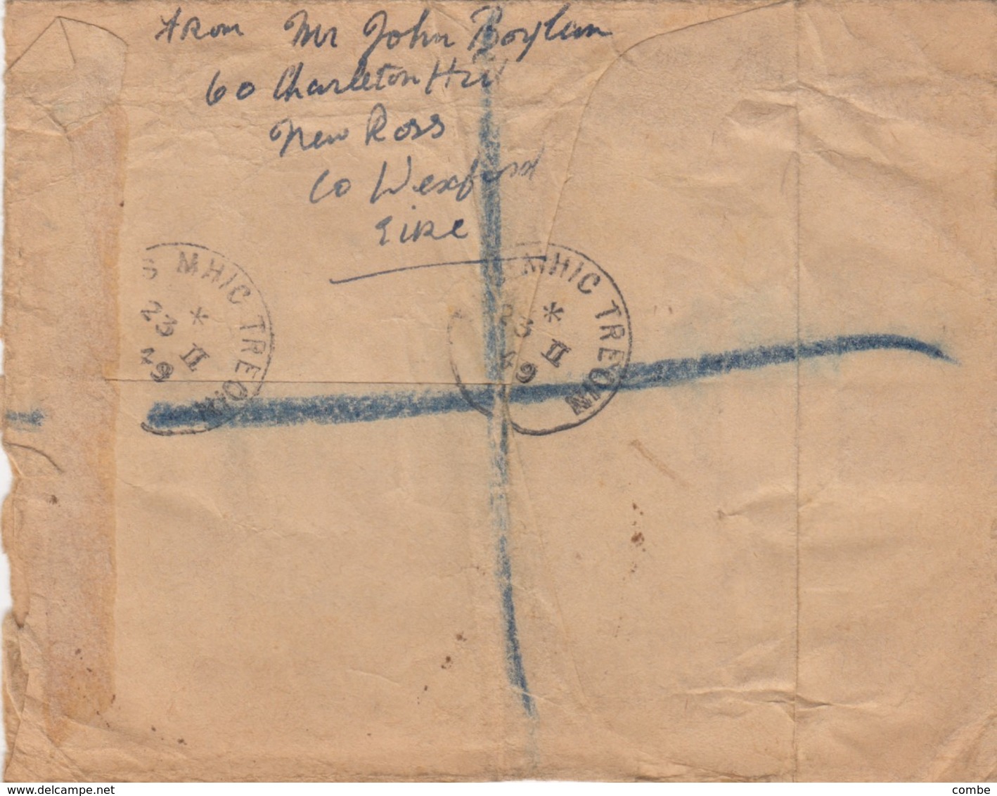 COVER. EIRE. 23 FEBR 1949. REGISTERED NEW ROSS TO DURHAN - Lettres & Documents