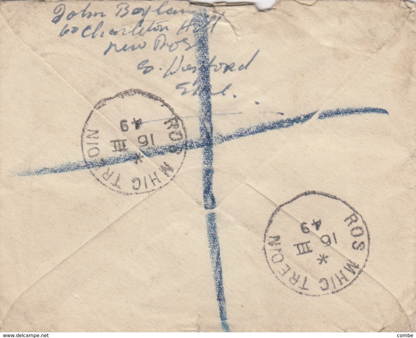 COVER. EIRE. 16 MAR 1949. REGISTERED NEW ROSS TO DURHAN - Lettres & Documents