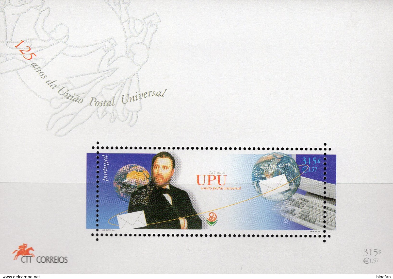 Stephan UPU 1999 Portugal Block 156 ** 4€ 125 Jahre Weltpostverein Brief Erde Bloque Hoja M/s Bloc S/s Sheet Bf History - Unused Stamps