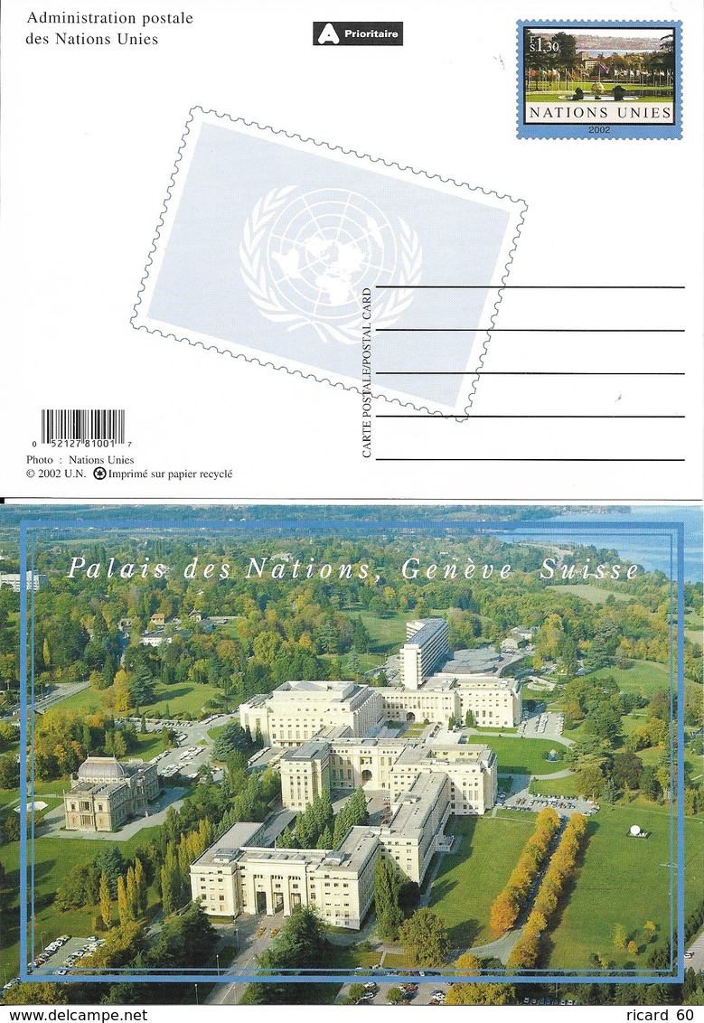 Onu, United Nations, Nations Unies, Bureau De Genève, Entier Postal 2002, Carte Neuve, Palais Des Nations - Covers & Documents