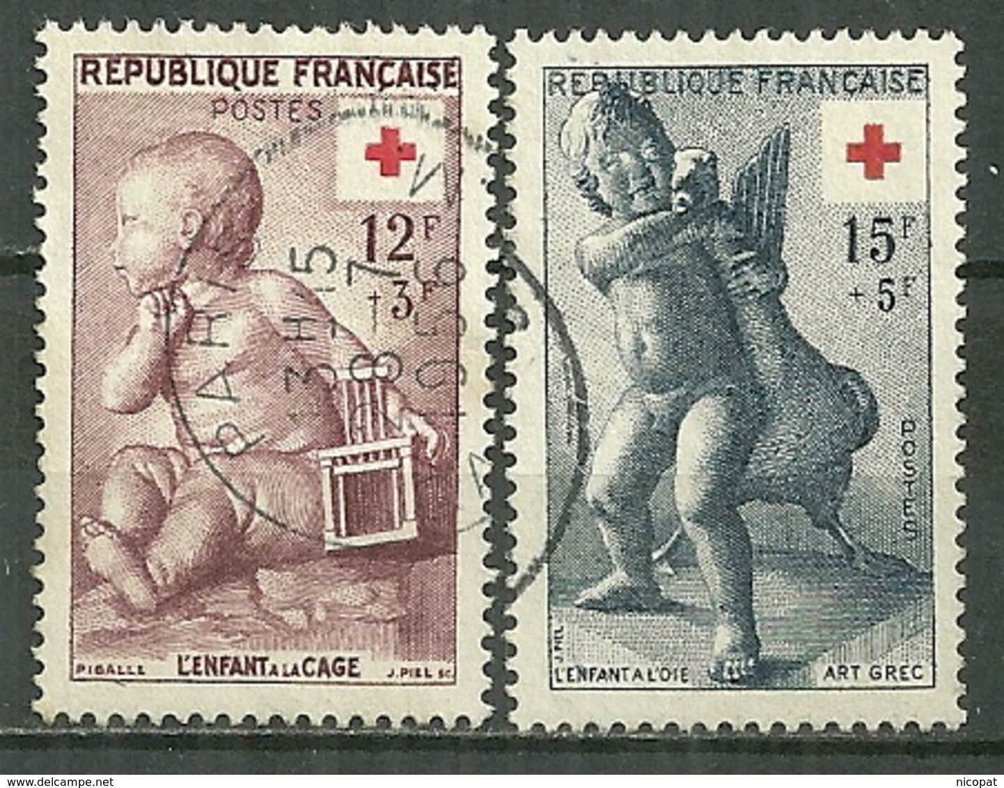FRANCE Oblitéré 1048-1049 Croix Rouge L'enfant à La Cage J. B. Pigalle L'enfant à L'oie Statue - Oblitérés