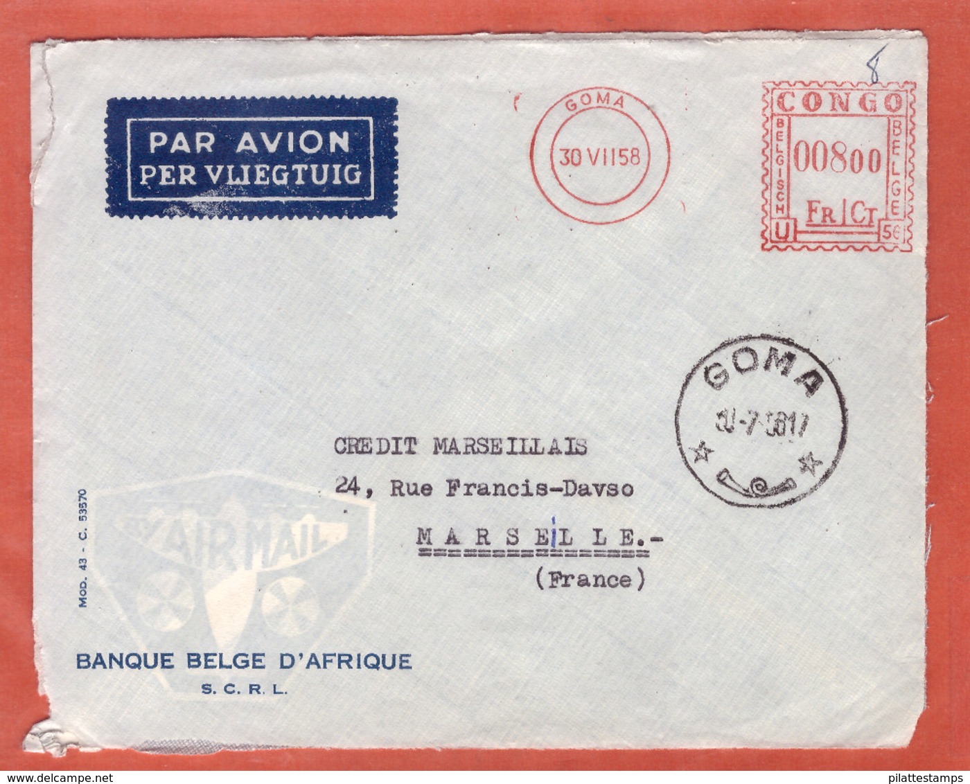 CONGO OBLITERATION MECANIQUE SUR LETTRE DE 1958 DE GOMA POUR MARSEILLE - Autres & Non Classés