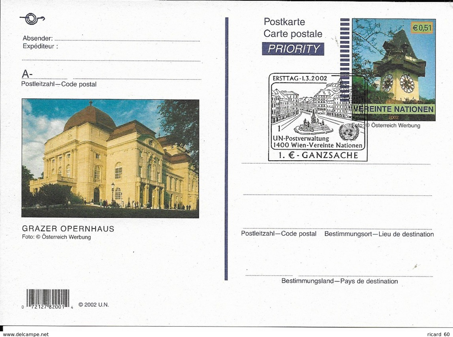 Onu, United Nations, Nations Unies, Bureau De Vienne, Entier Postal 2002, Fdc, Grazre Opernhaus - Briefe U. Dokumente