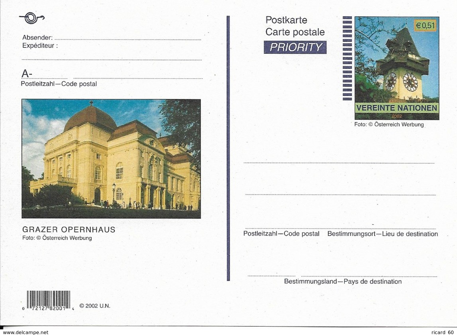 Onu, United Nations, Nations Unies, Bureau De Vienne, Entier Postal 2002, Neuf, Grazre Opernhaus - Storia Postale