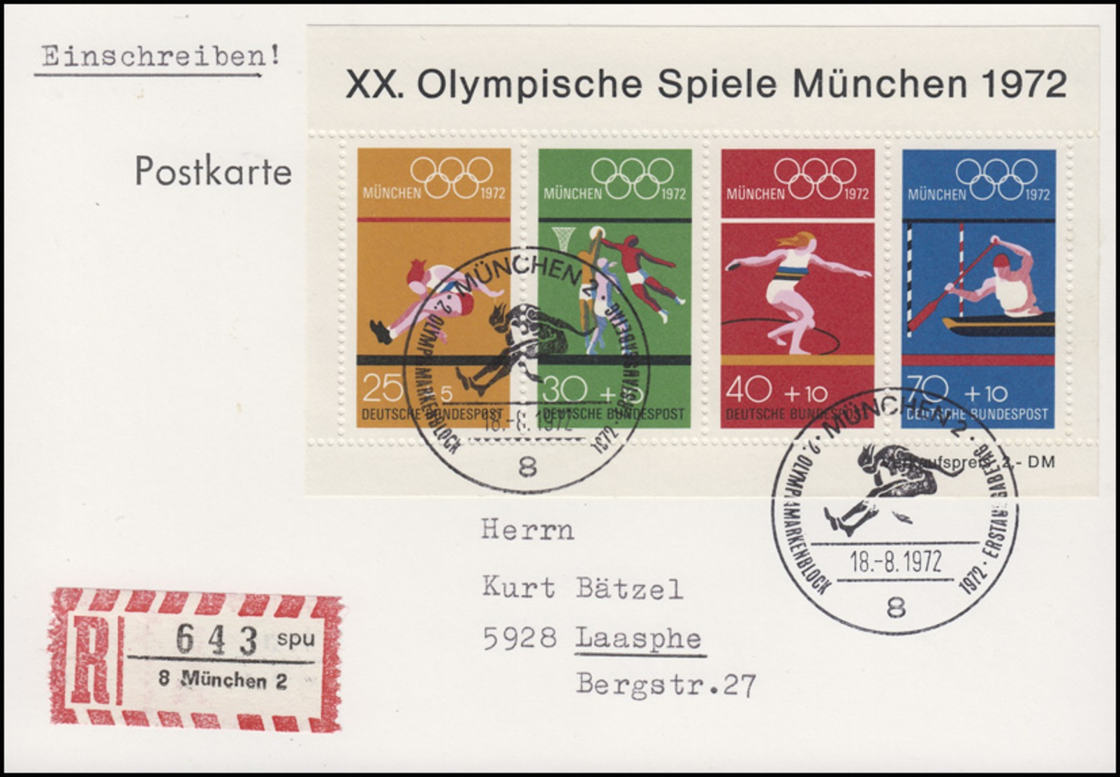 Block 8 Olympiade München 1972 Aus R-FDC-Postkarte ESSt München 18.8.1972 - Sonstige & Ohne Zuordnung