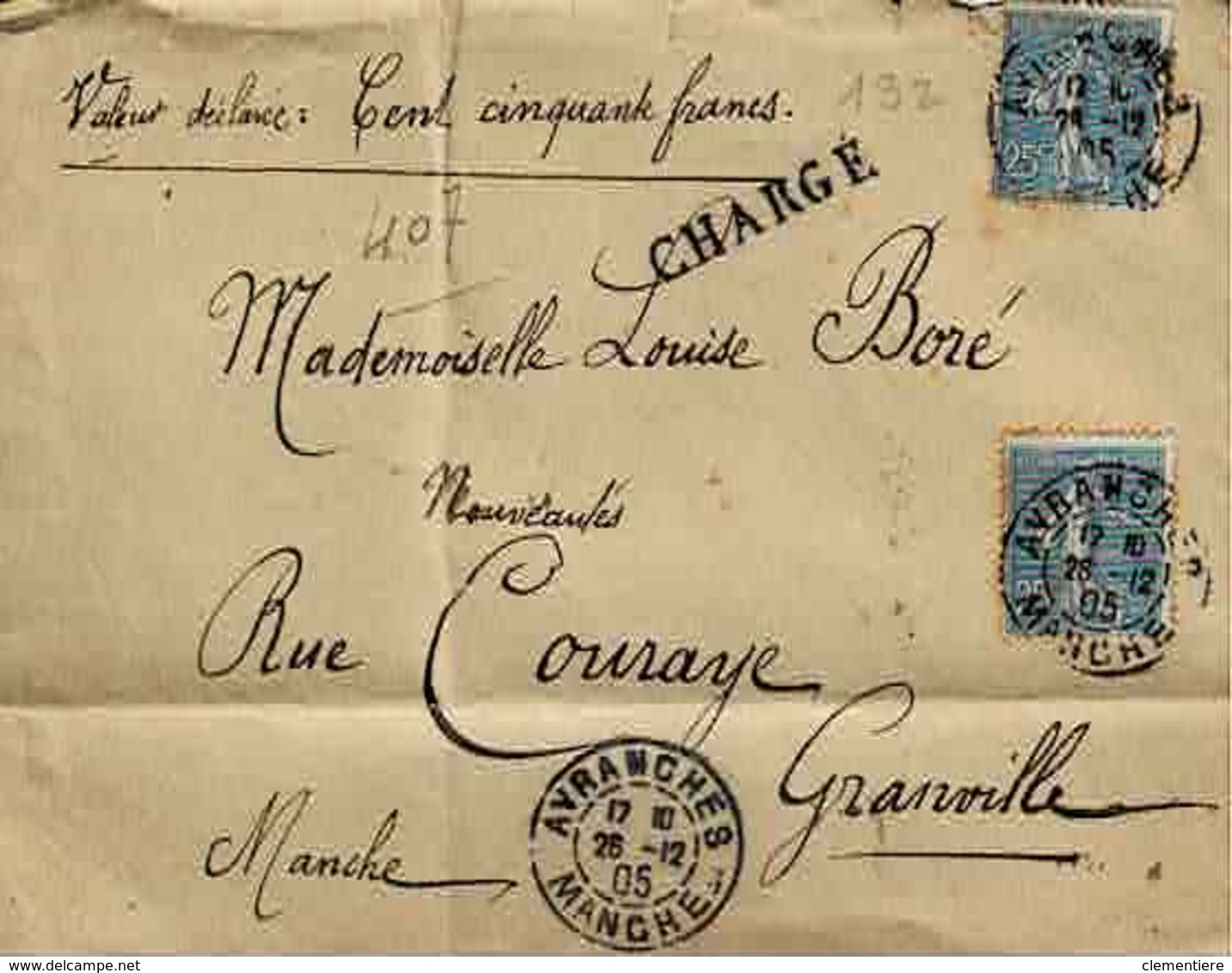 Timbres  N° 132 En 3 Exemplaires Sur Lettre Chargé D'Avancées Pour Granville - 1877-1920: Période Semi Moderne