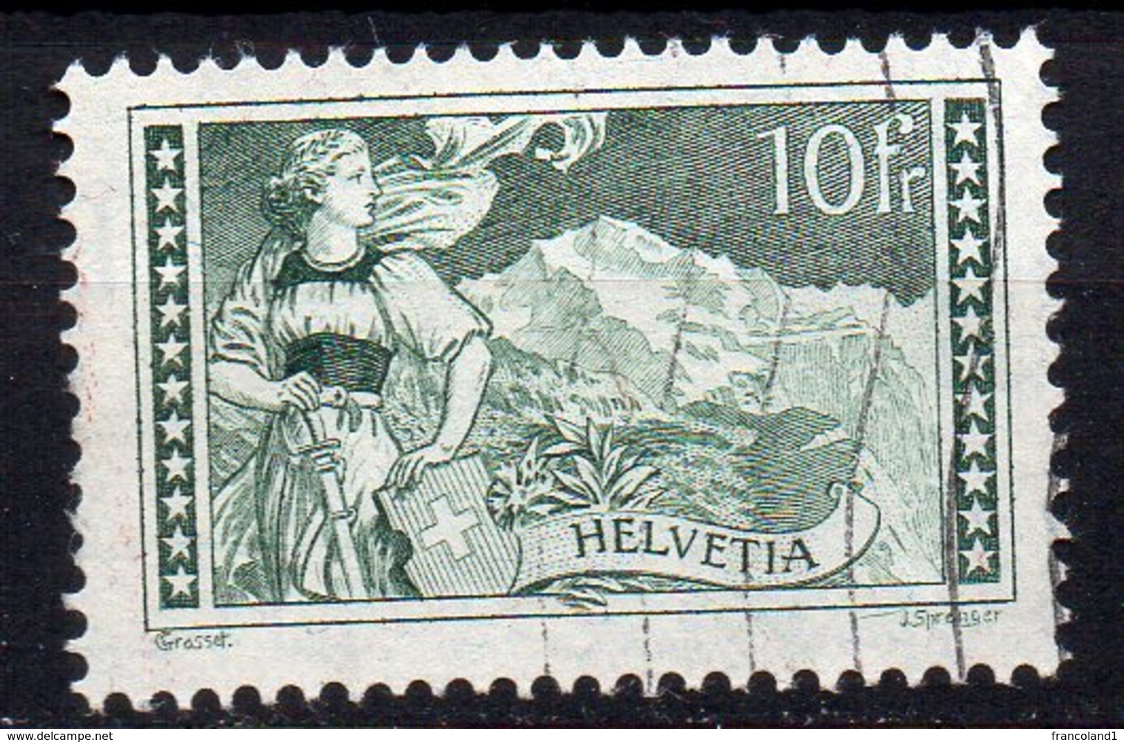 1930 Svizzera Veduta Unificato N. 245 10 F Verde Grigio  Timbrato Used - Usati