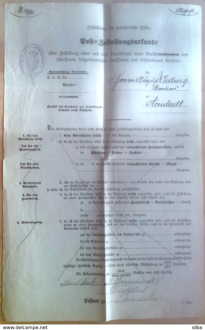 Germany Deutsches Reich Arnstadt 1895 / Post Bustellungsurkunde / Post Delivery Document - 1800 – 1899