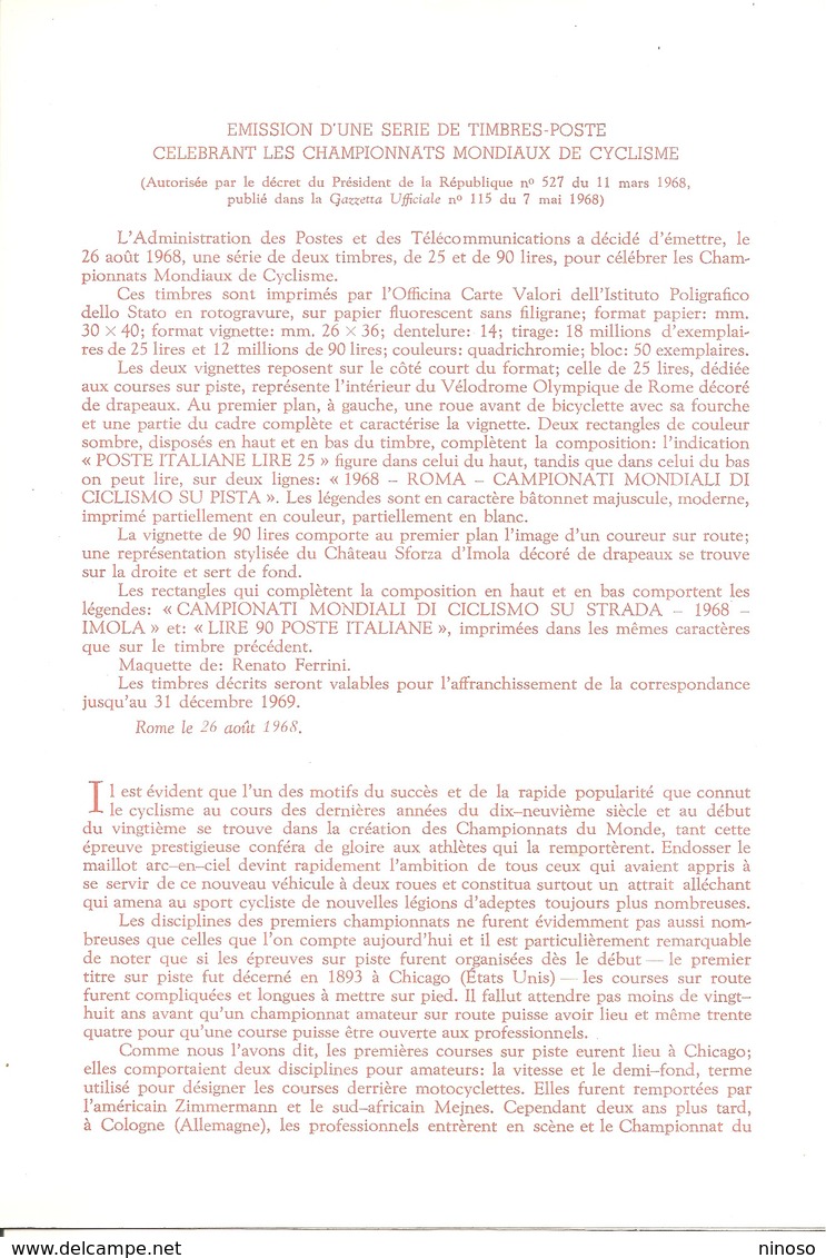 BOLLETTINO MINISTERIALE POSTALE CAMPIONATO MONDIALE DI CICLISMO 1968  N. 158 - FDC