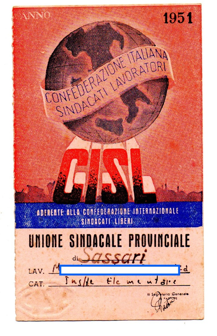 1951  Tessera Cisl Con Bollino Sindacato Nazionale Scuola Elementare - Unione Sindacale Provinciale Di Sassari - Documents Historiques