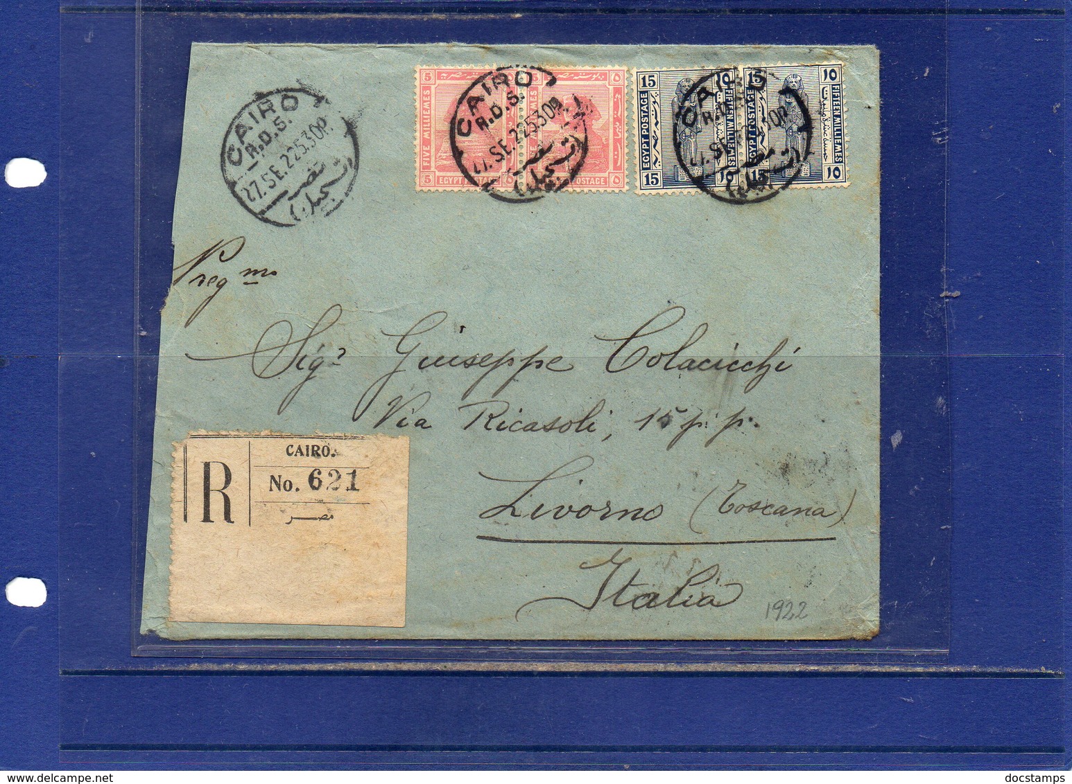 ##(ROYBOX1)-Postal History-Egypt 1922-Registered Cover From  Cairo To  Livorno - Italy - Storia Postale