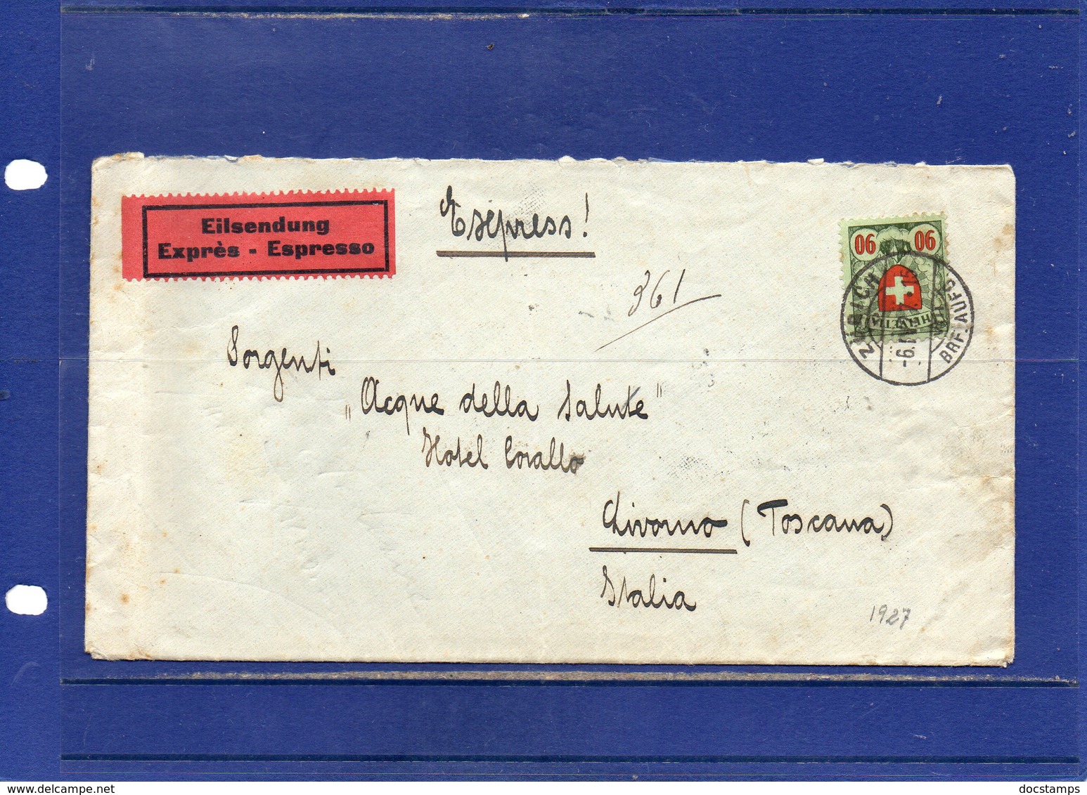 ##(ROYBOX1)-Postal History-Switzerland 1927-Express Cover From  Zurich  To  Livorno - Italy - Storia Postale