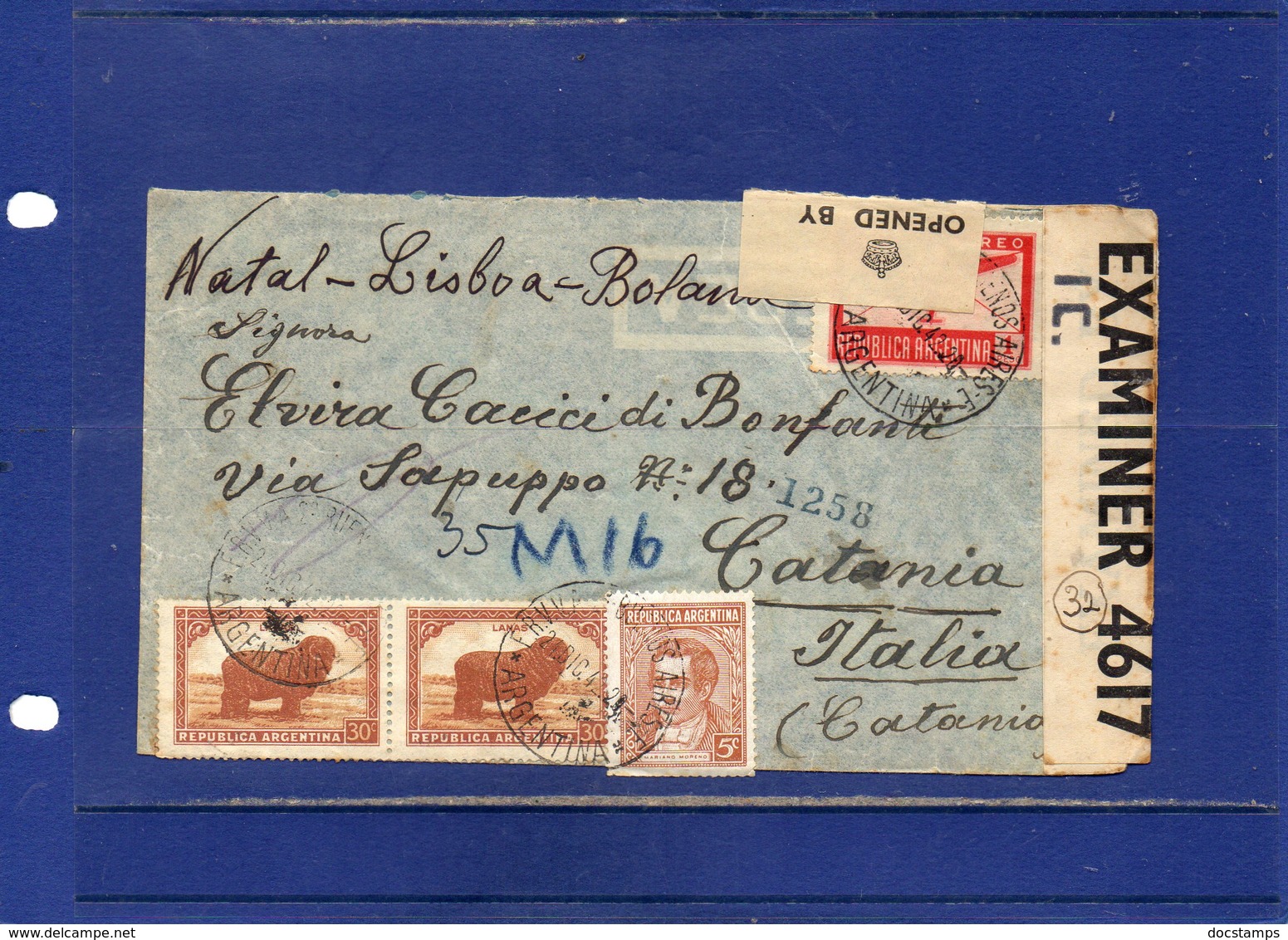 ##(ROYBOX1)-Postal History-Argentina 1942-Registered Cover From Buenos Aires To Catania-Italy Via Natal-British Censored - Storia Postale