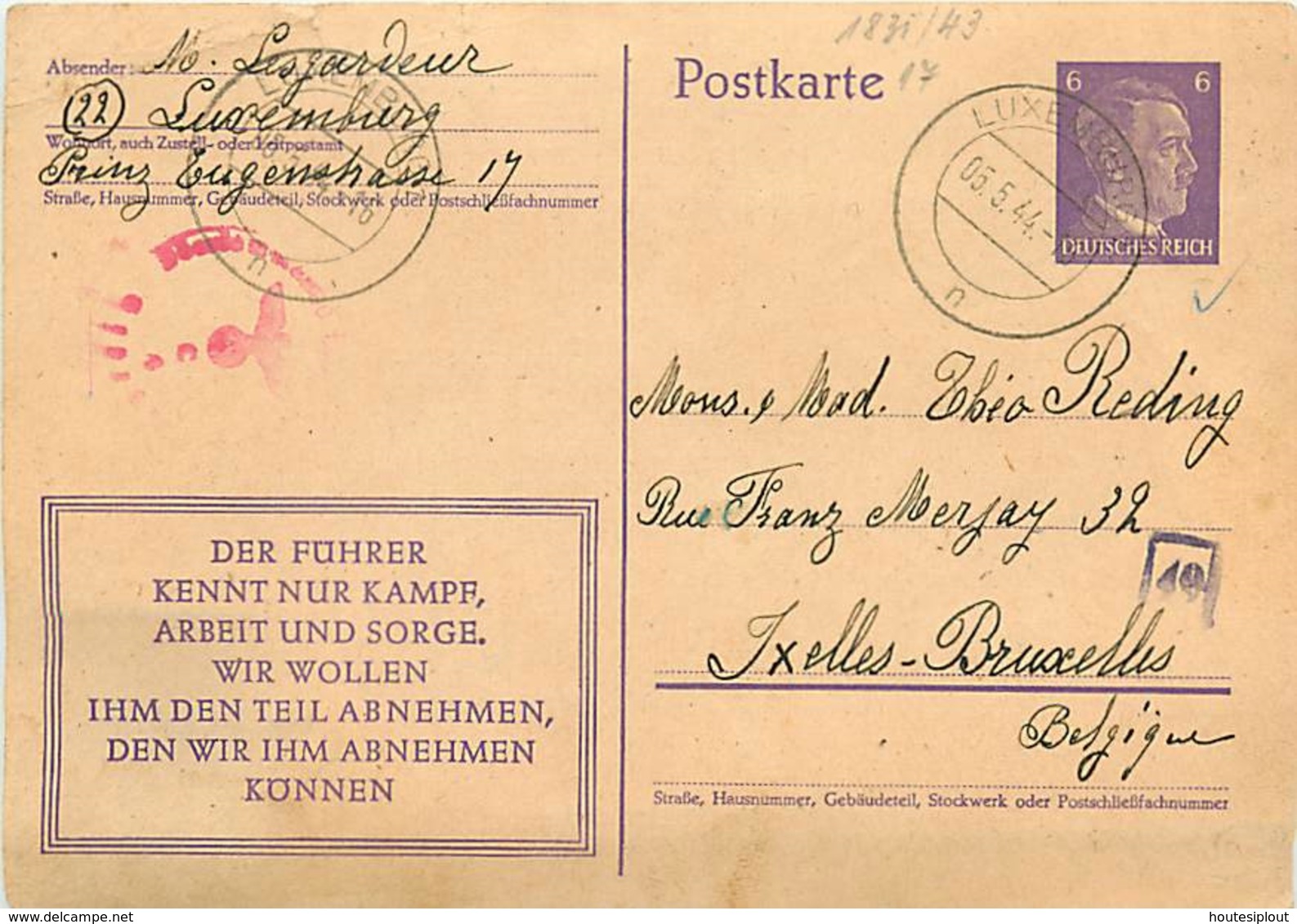 CP Allemande P 312/08 (Mi) Obl. Luxembourg > Ixelles  5/5/1944   Censure    Abimée Coin Supérieur Gauche - Ganzsachen