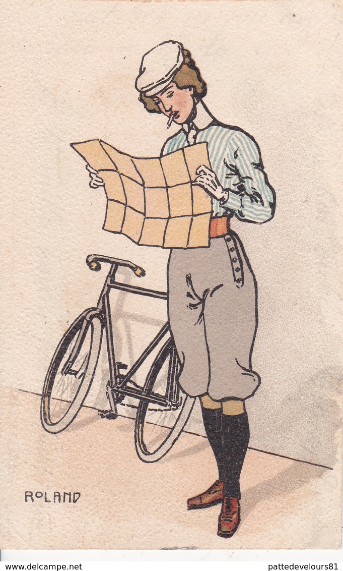 CPA Aquarellée Peinte à La Main Femme Lisant Une Carte Bicyclette Vélo Cyclisme Cycling Radsport Illustrateur (2 Scans) - Cyclisme