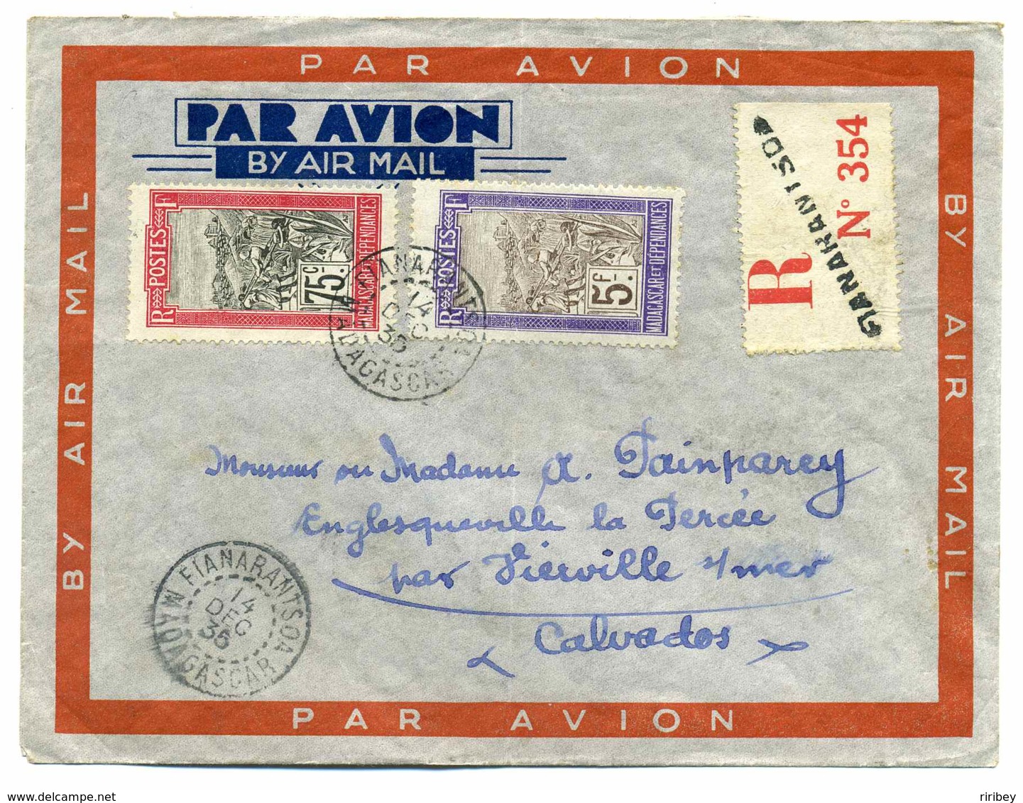 Lettre Par Avion  Recommandée De Fianarantsoa Pour Le Calvados / YT N°107 + 110 / 1935 - Lettres & Documents