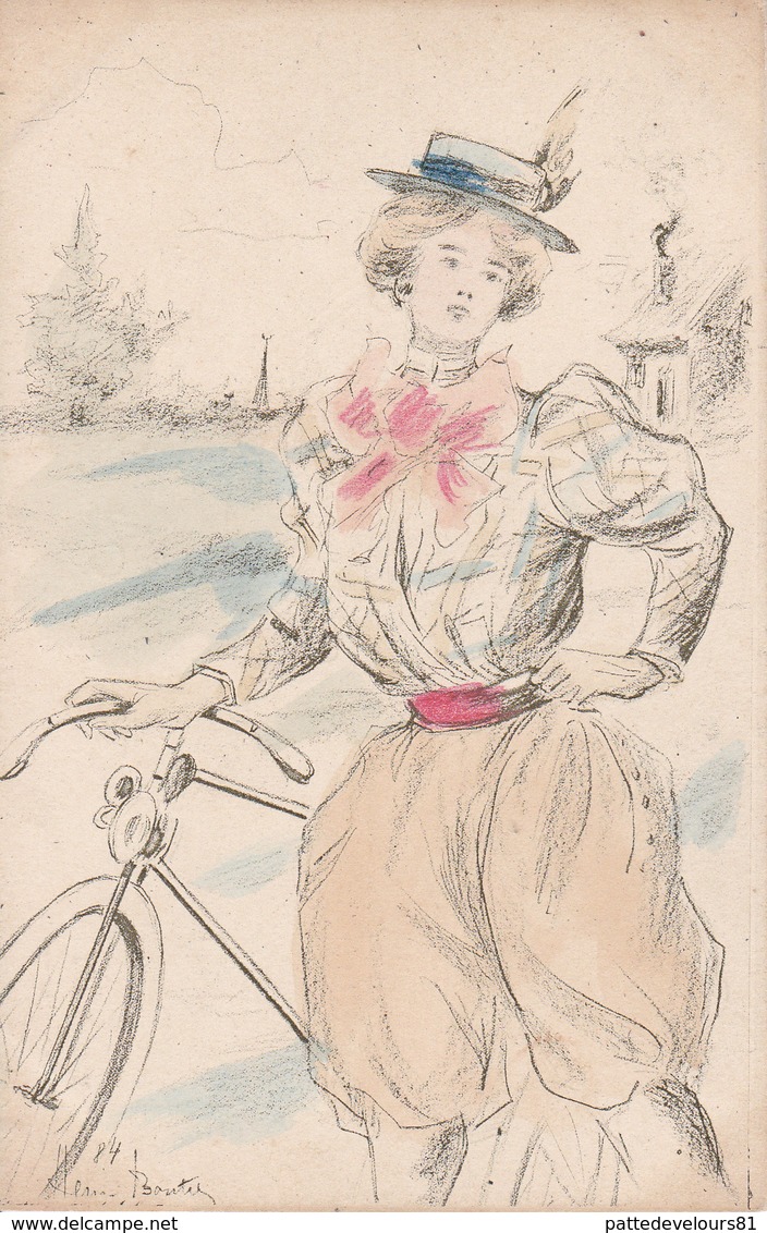 CPA Aquarellée Peinte à La Main Femme Bicyclette Vélo Cyclisme Mode Chapeau Cycling Radsport Illustrateur (2 Scans) - Cyclisme