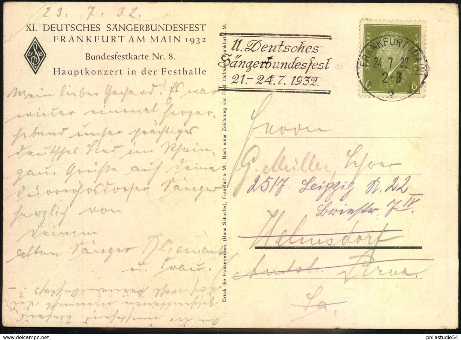 1932, DEUTSCHES SÄNGERBUNDESFEST Official Card With Special Posmark - Musique