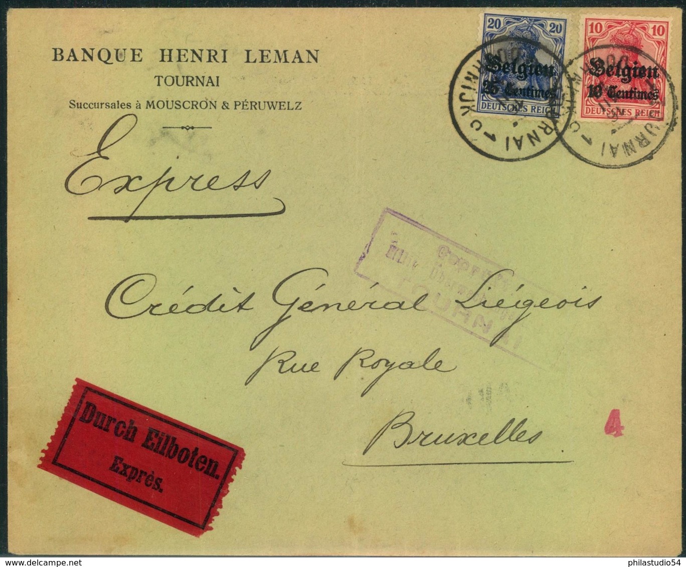 1915, Express From TOURNAI To BRUXELLES With Censor To Germany - Deutsche Armee