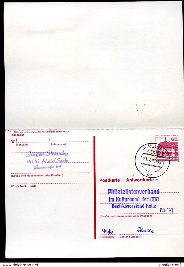 BERLIN P125I Antwort-Postkarte EINSCHREIBEN Halle 30.07.1990 - Postales - Usados