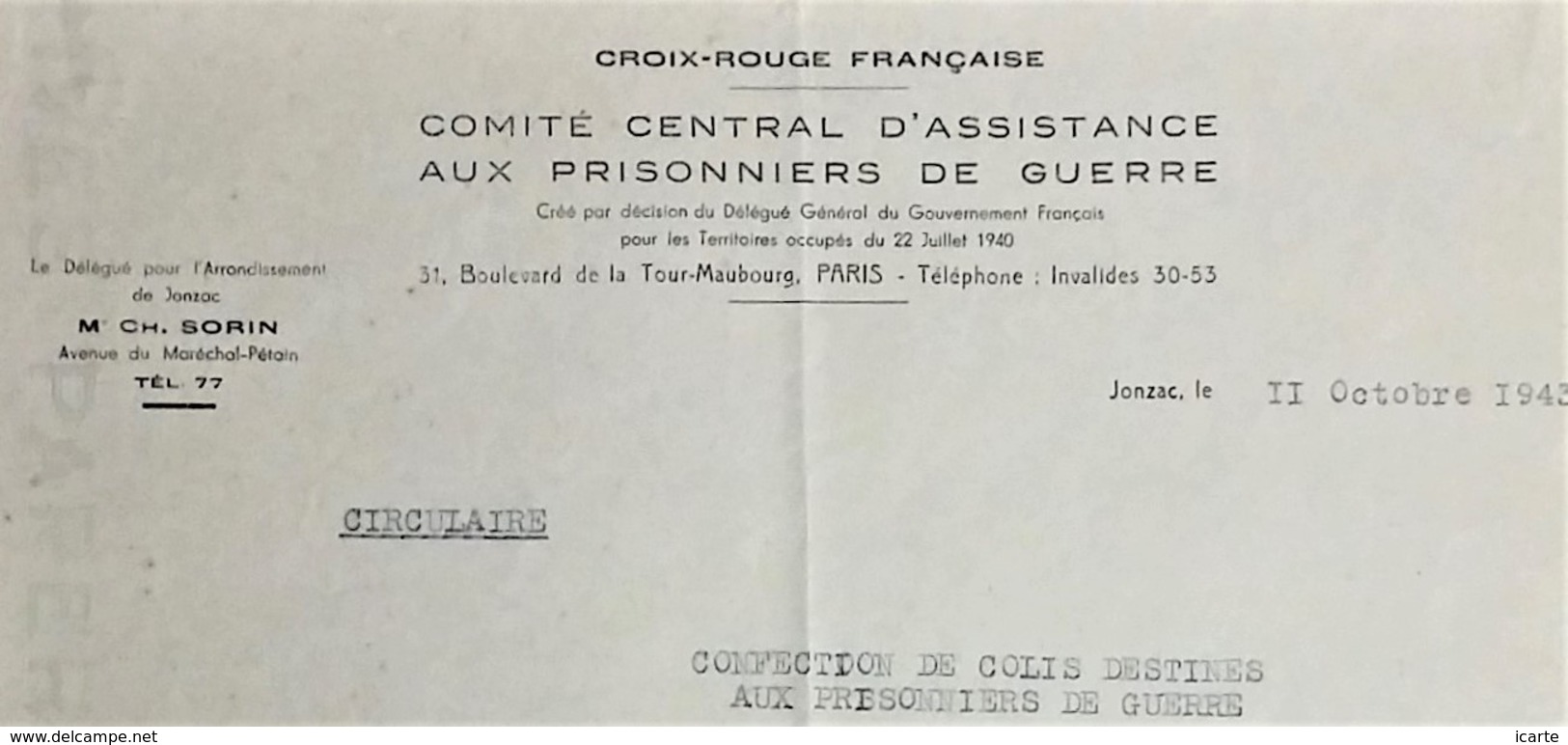 Circulaire CROIX-ROUGE COMITE D'ASSISTANCE AUX PRISONNIERS DE GUERRE Jonzac COLIS Homme De Confiance Oct 1943 - Guerre De 1939-45