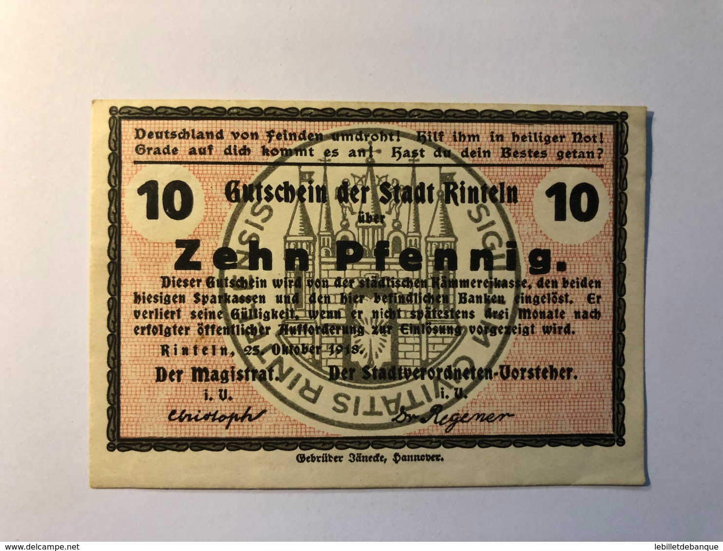 Allemagne Notgeld Allemagne Rinteln 10 Pfennig - Collections