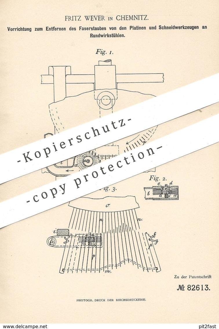 Original Patent - Fritz Wever , Chemnitz , 1894 , Entfernen Von Faserstaub An Platinen U. Schneidzeugen Am Wirkstuhl !!! - Documents Historiques