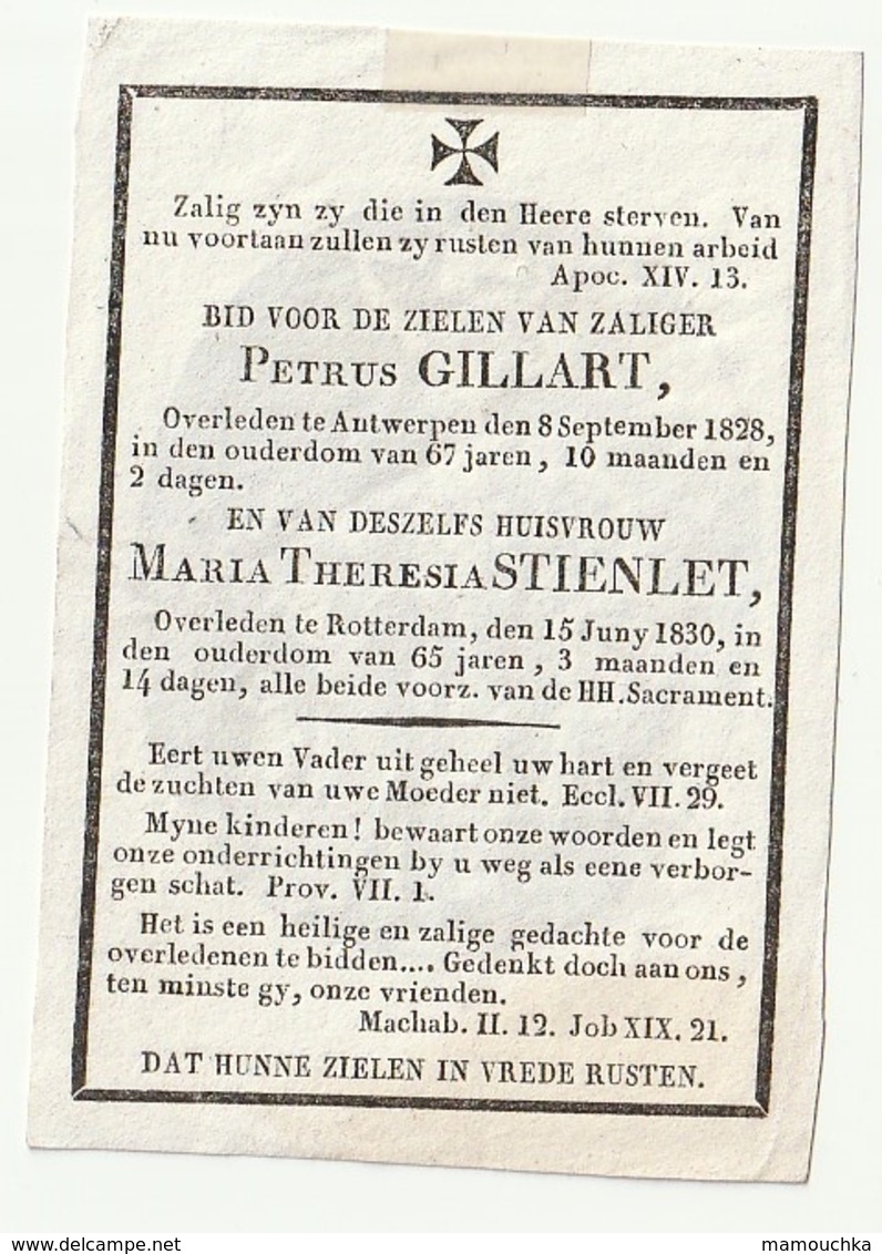 Zeer Oud Doodsprentje Petrus GILLART Antwerpen 1828 En Zijn Huisvrouw Maria Theresia STIENLET Rotterdam 1830 - Images Religieuses