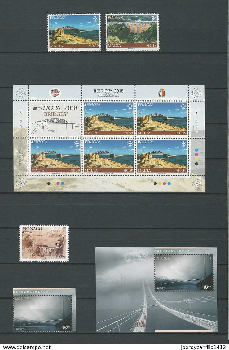 EUROPE 2018 -Theme " BRIDGES - BRÜCKEN - PUENTES - PONTS" - VERY COMPLETE COLLECTION of STAMPS and SOUVENIR SHEETS