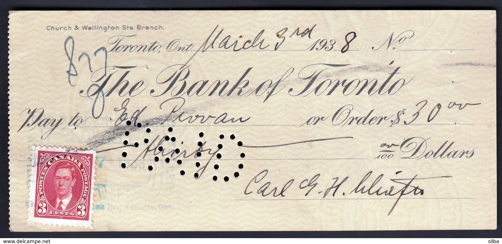 Canada Toronto 1938 / The Bank Of Toronto Cheque - Assegni & Assegni Di Viaggio