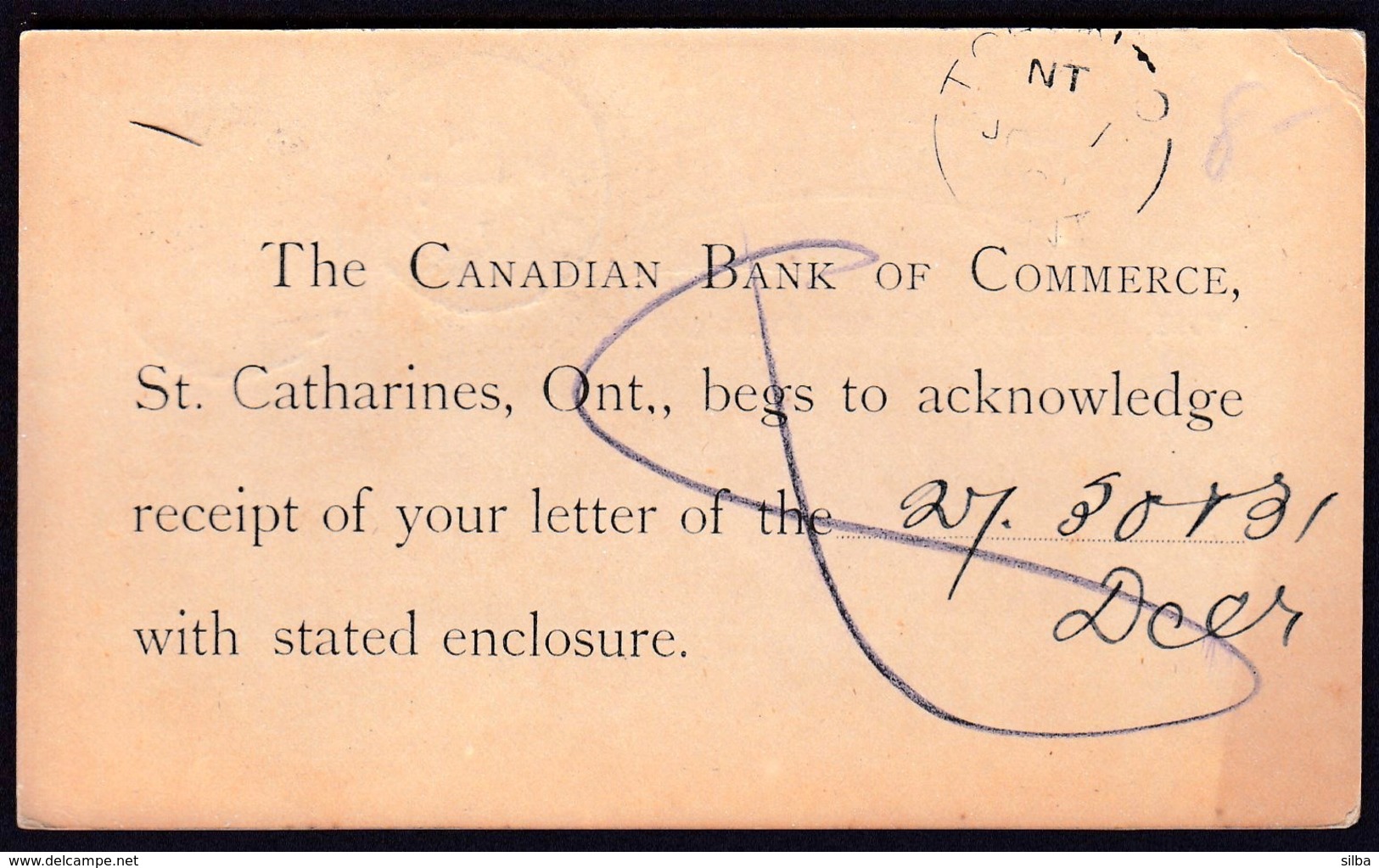 Canada St. Catharines 1891 / Postal Stationery / Post Card One Cent / Canadian Bank Of Commerce - 1860-1899 Règne De Victoria