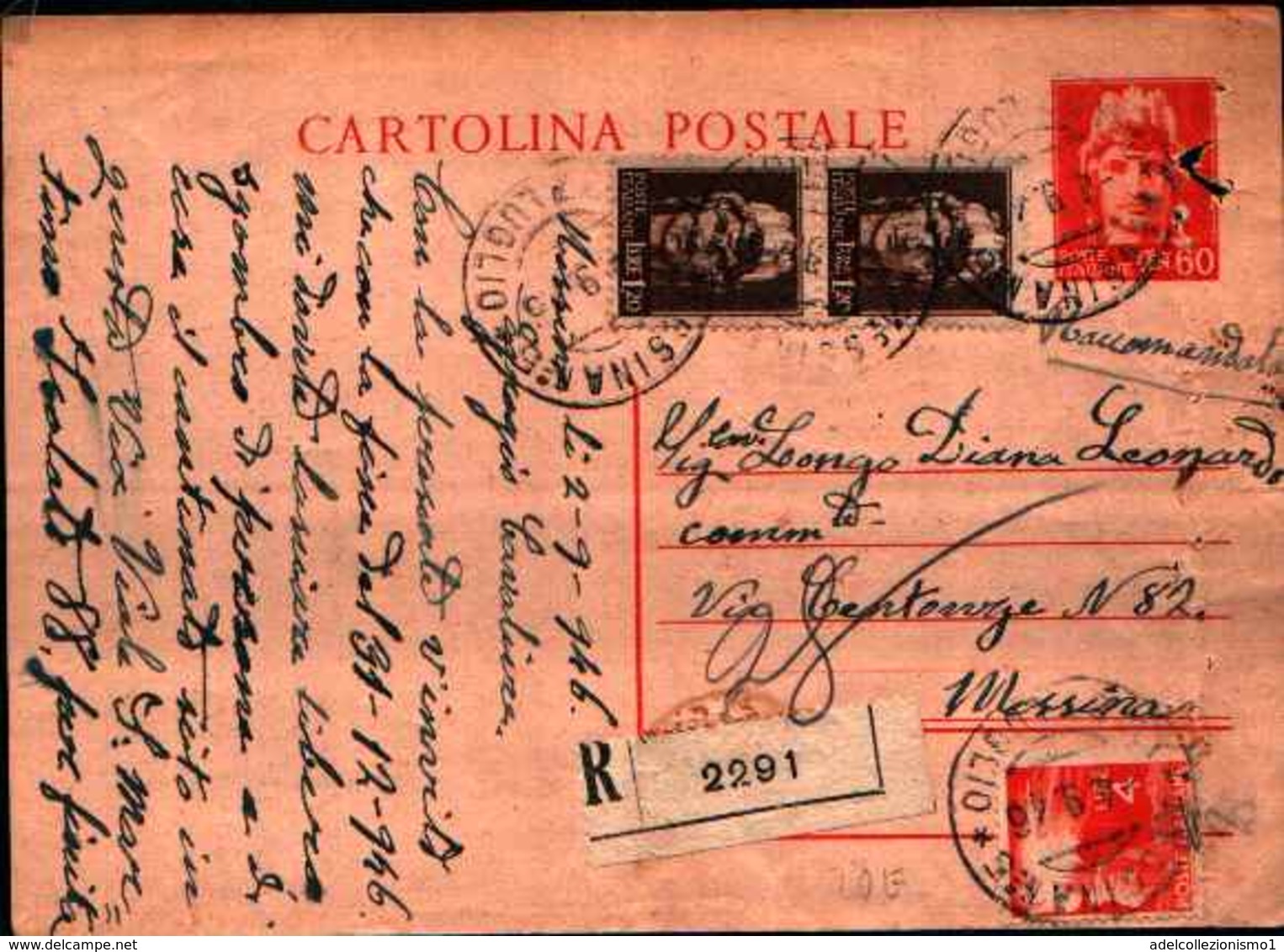 71169) INTERO POSTALE RACCOMANDATA DA 60C.TURRITA+2X1.20 L.TURRITA+ 4L. DEMOCRATICA DA MESSINA PER CITTà IL 4-9-1946 - Interi Postali