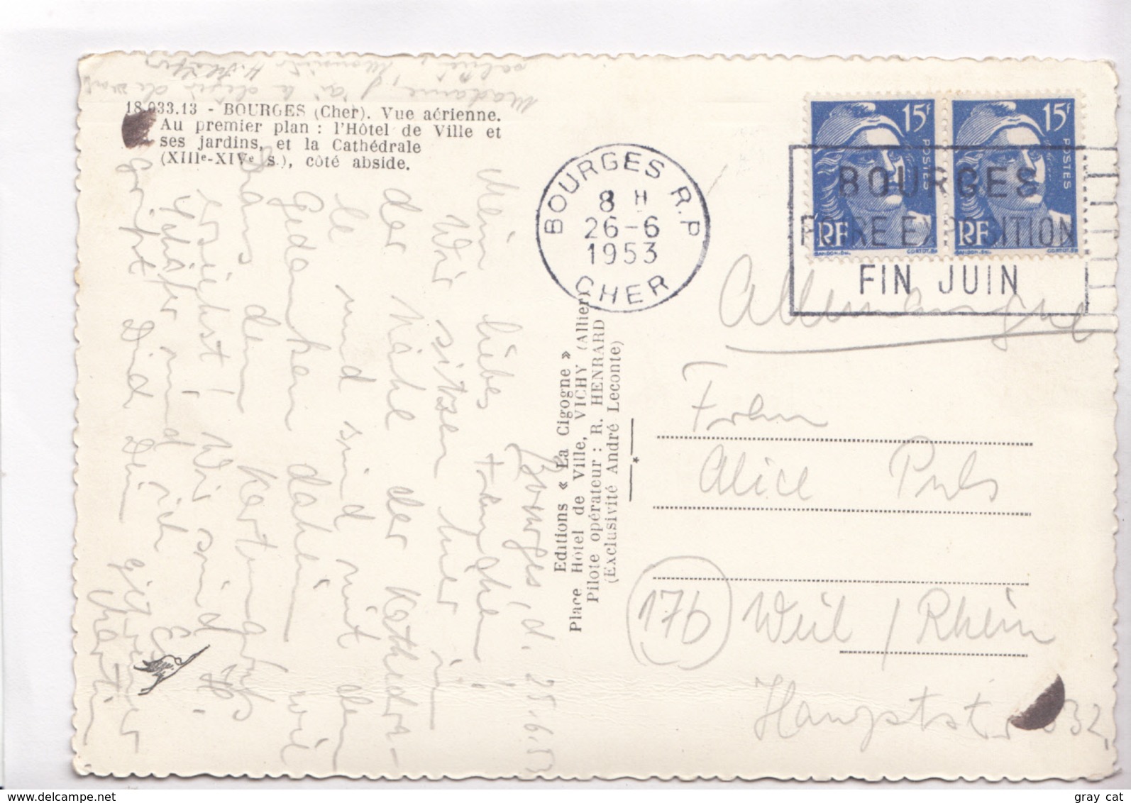 BOURGES, Vue Aerienne, Hotel De Ville Et Ses Jardins, Et La Cathedrale, 1953 Used Postcard [22375] - Bourges