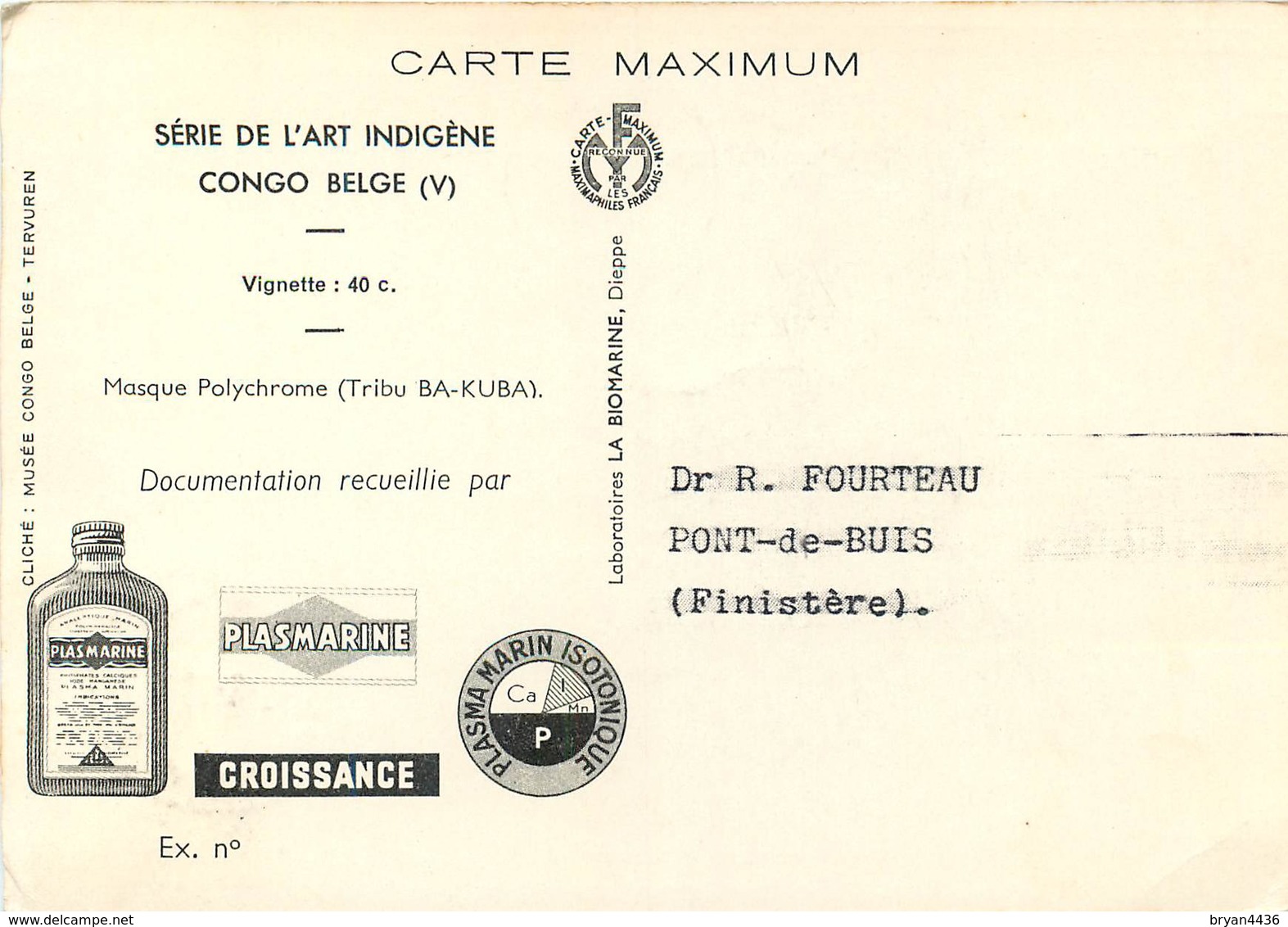 CONGO BELGE - CARTE MAXIMUM - ART INDIGENE - MASQUE POLYCHROME - TRIBU BA-KUBA - TIMBRE N° 281 - VOYAGEE En 1952 - Lettres & Documents
