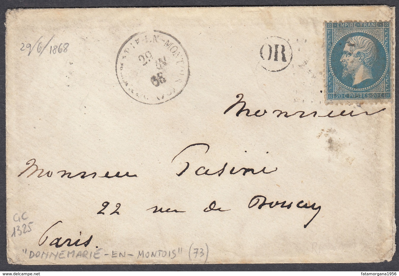 FRANCIA - FRANCE - 1862 - Yvert 22 Obliterato A Losanga, Su Piccola Busta Con Annullo OR E Timbro Del 29/06/1868 - 1849-1876: Klassik