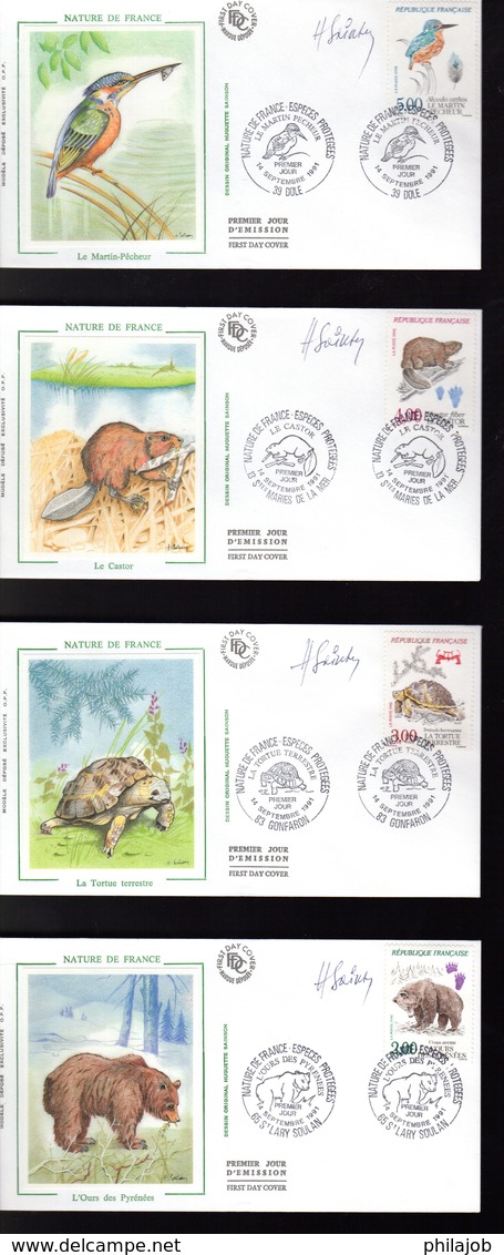 " MARTIN PECHEUR / OURS / TORTUE / CASTOR " SIGNES Sur 4 Enveloppes 1er Jour De 1992 (par H. SAINSON) N°YT 2721 à 2724 - Non Classés