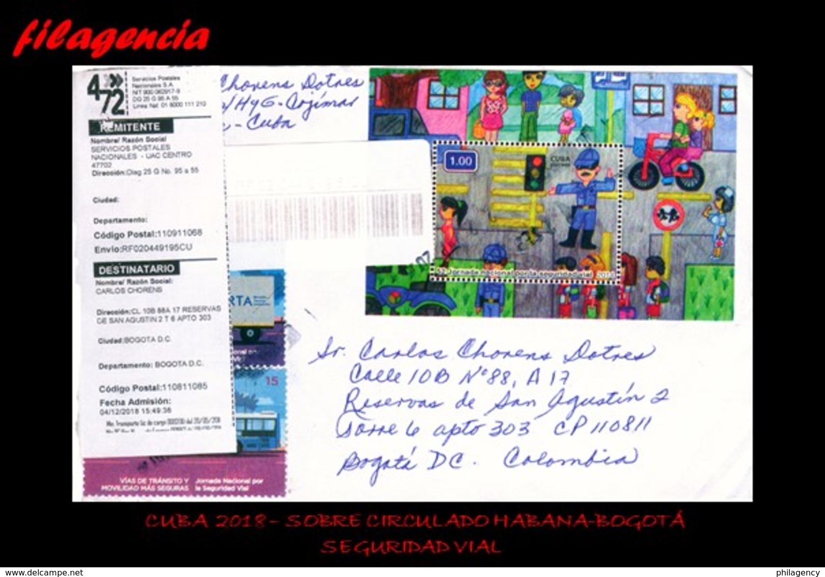 CUBA. ENTEROS POSTALES. SOBRE CIRCULADO 2018. SOBRE CIRCULADO HABANA-BOGOTÁ. SEGURIDAD VIAL - Lettres & Documents