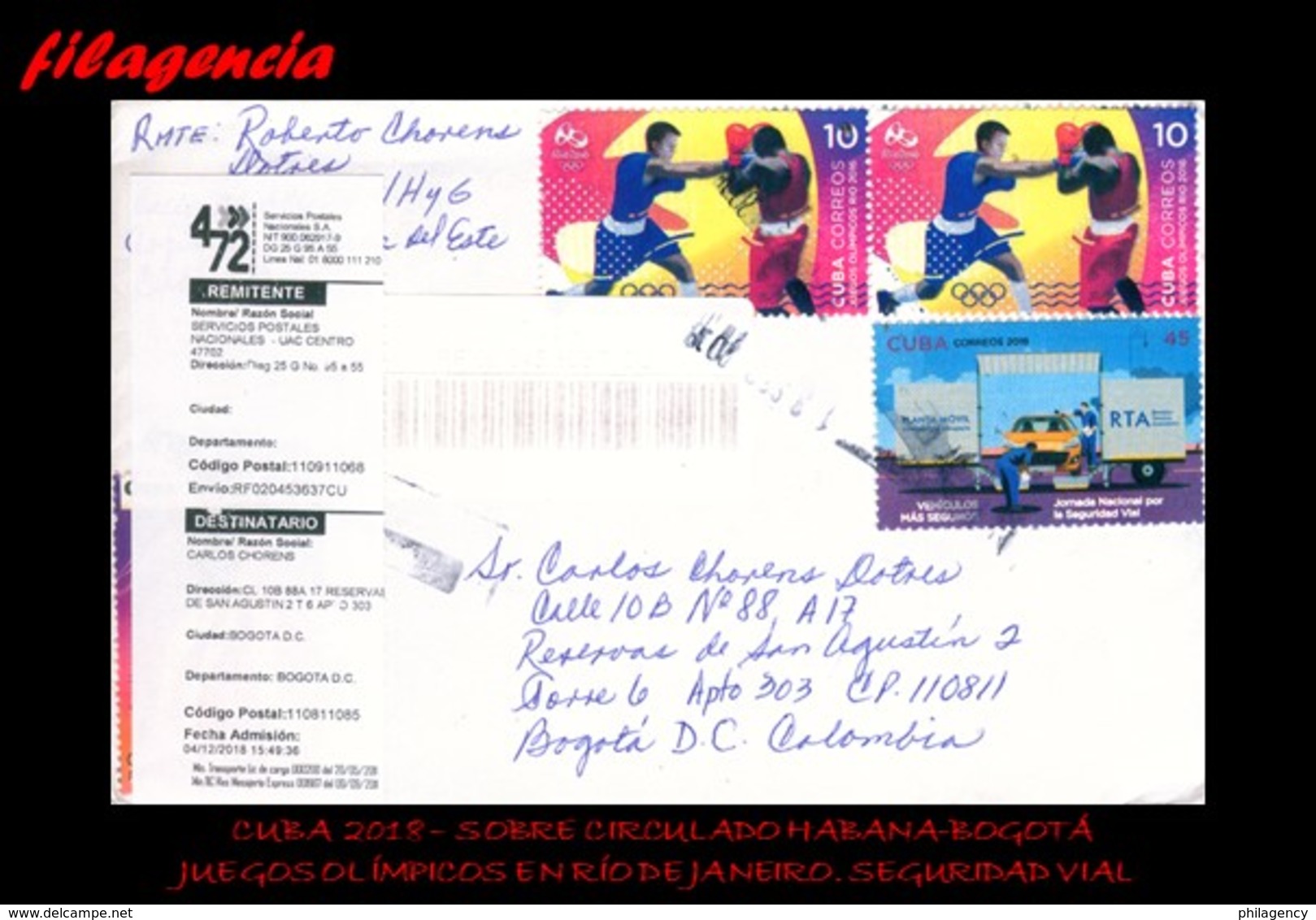 CUBA. ENTEROS POSTALES. SOBRE CIRCULADO 2018. SOBRE CIRCULADO HABANA-BOGOTÁ. JUEGOS OLÍMPICOS. BOXEO. SEGURIDAD VIAL - Covers & Documents