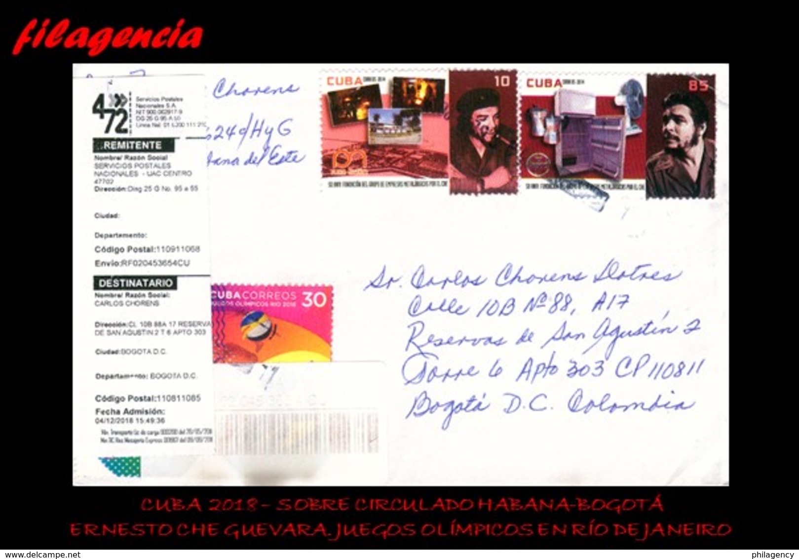 CUBA. ENTEROS POSTALES. SOBRE CIRCULADO 2018. SOBRE CIRCULADO HABANA-BOGOTÁ. ERNESTO CHE GUEVARA. JUEGOS OLÍMPICOS - Covers & Documents