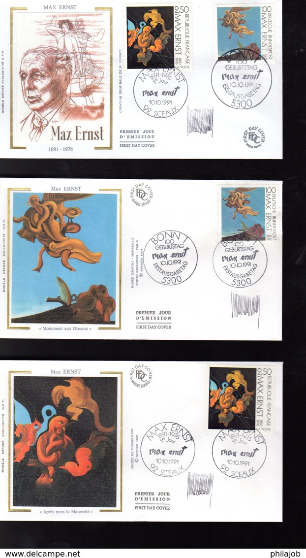 " FRANCE - ALLEMAGNE : MAX ERNST " SIGNE Sur 3 Enveloppes 1er Jour De 1991 (par H. SAINSON) N° YT 2727 + Allemagne 1401 - Emissions Communes