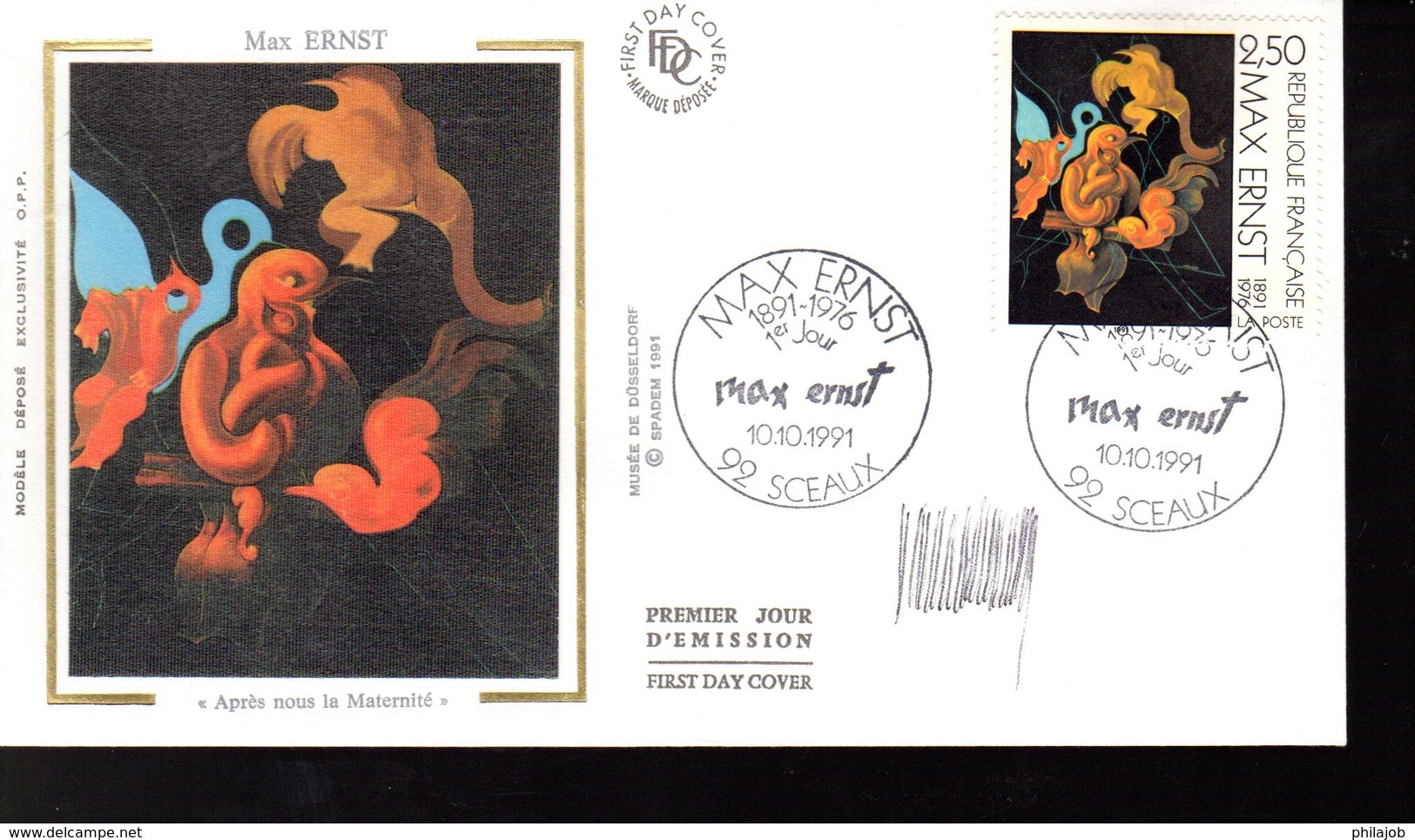 " FRANCE - ALLEMAGNE : MAX ERNST " SIGNE Sur Enveloppe 1er Jour De 1991 (par H. SAINSON) N° YT 2727 - Emissions Communes