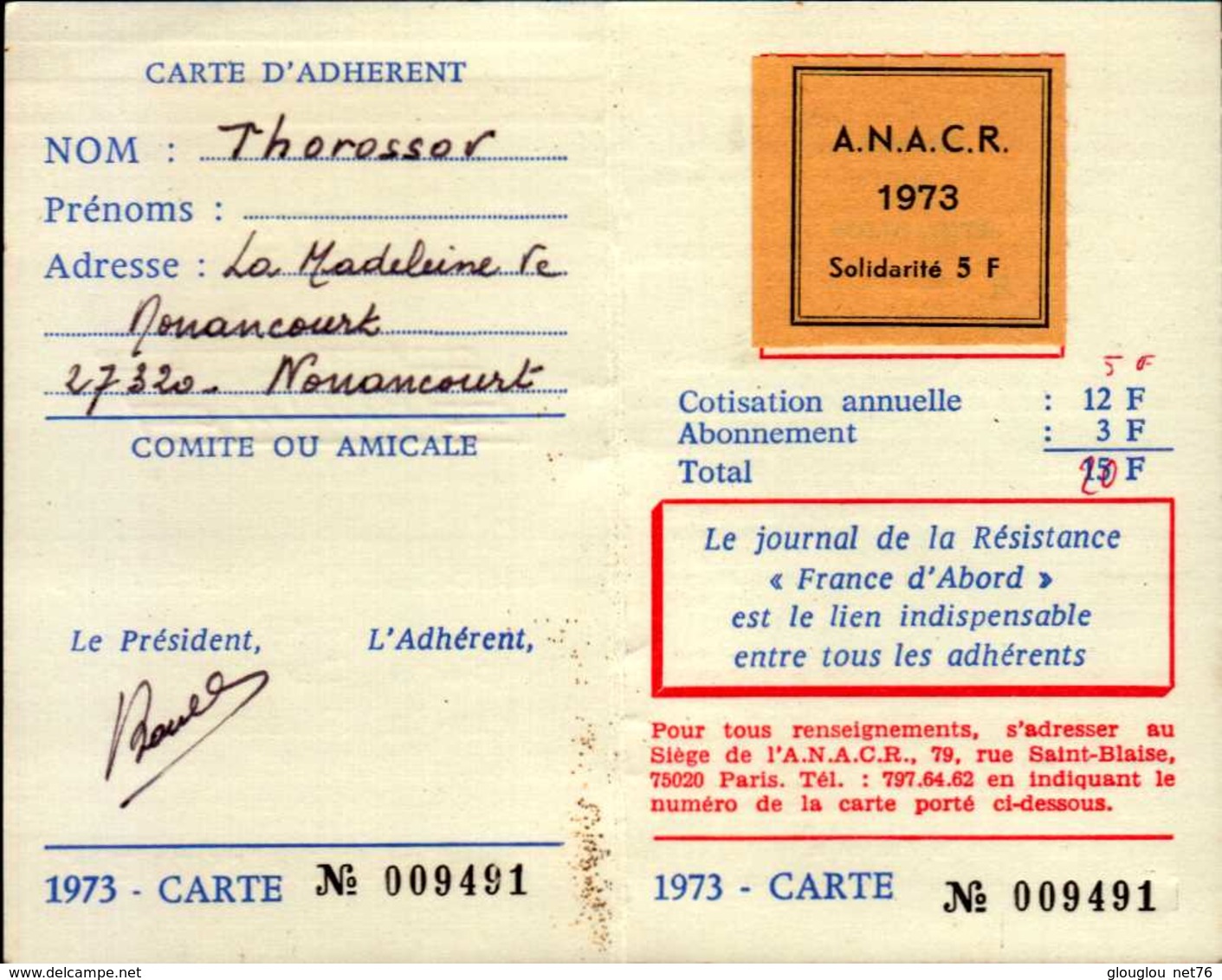 1973..ASSOCIATION NATIONALE DES ANCIENS COMBATANTS DE LA RESISTANCE..CARTE D'ADHERENT.. - Autres & Non Classés