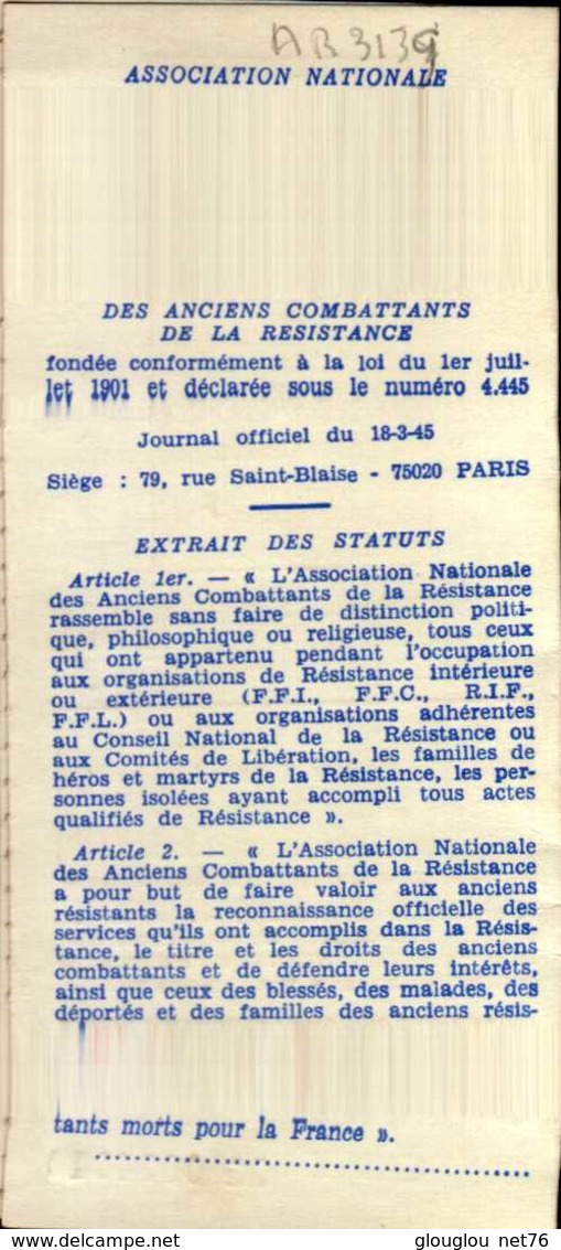 1973..ASSOCIATION NATIONALE DES ANCIENS COMBATANTS DE LA RESISTANCE..CARTE D'ADHERENT.. - Autres & Non Classés