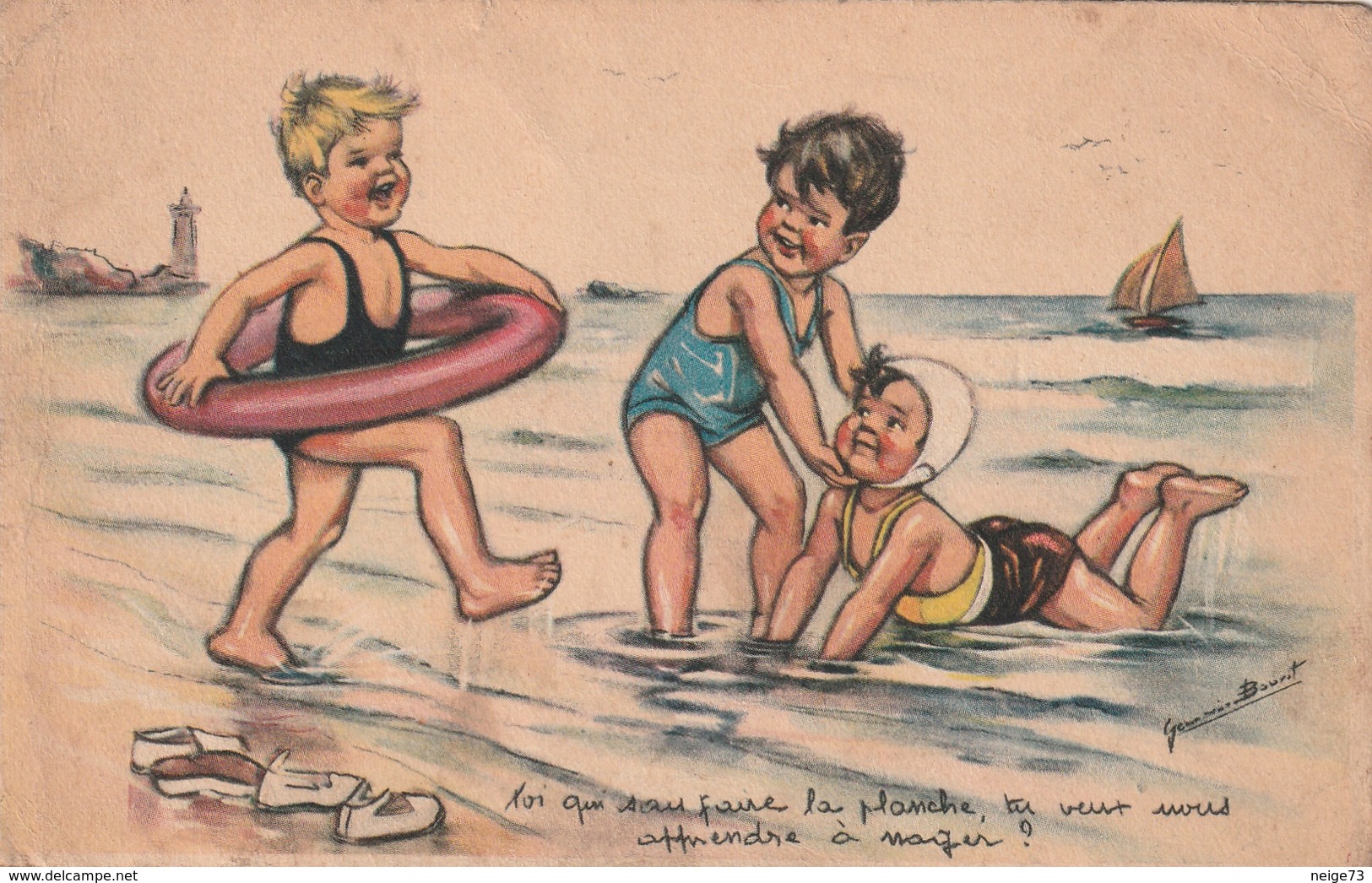 Cpa Fantaisie Illustrée Par Germaine Bouret - Enfants à La Plage - Bouret, Germaine